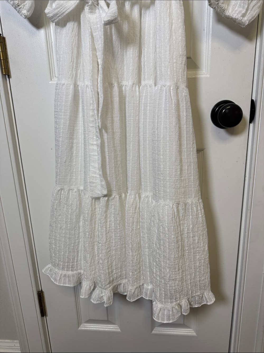 Moon River White Textured Tiered Midi Dress | Smocked Waist Boho Cottagecore M - Picture 5 of 9